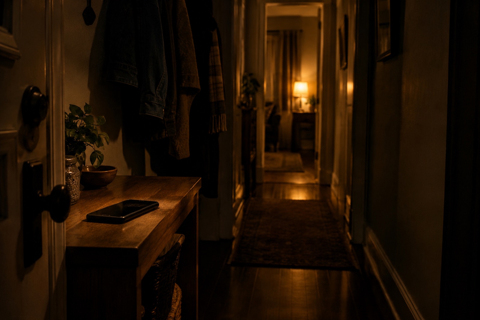 A hallway at night with one light left on, a phone resting face down on a shelf near the door